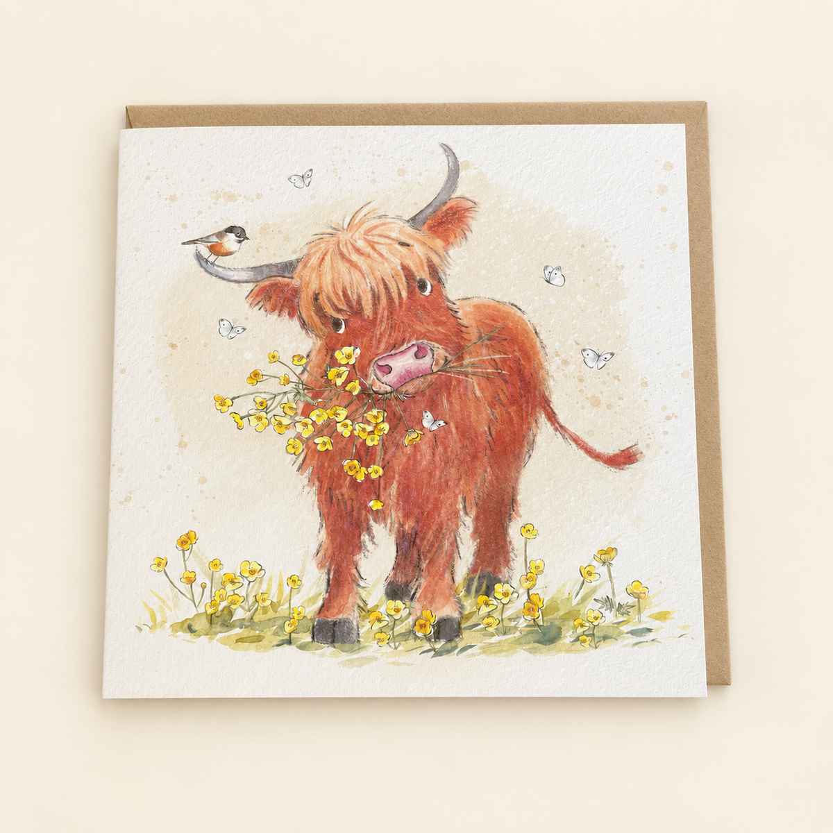 Highland Cow with Wildflowers Blank Greeting Card