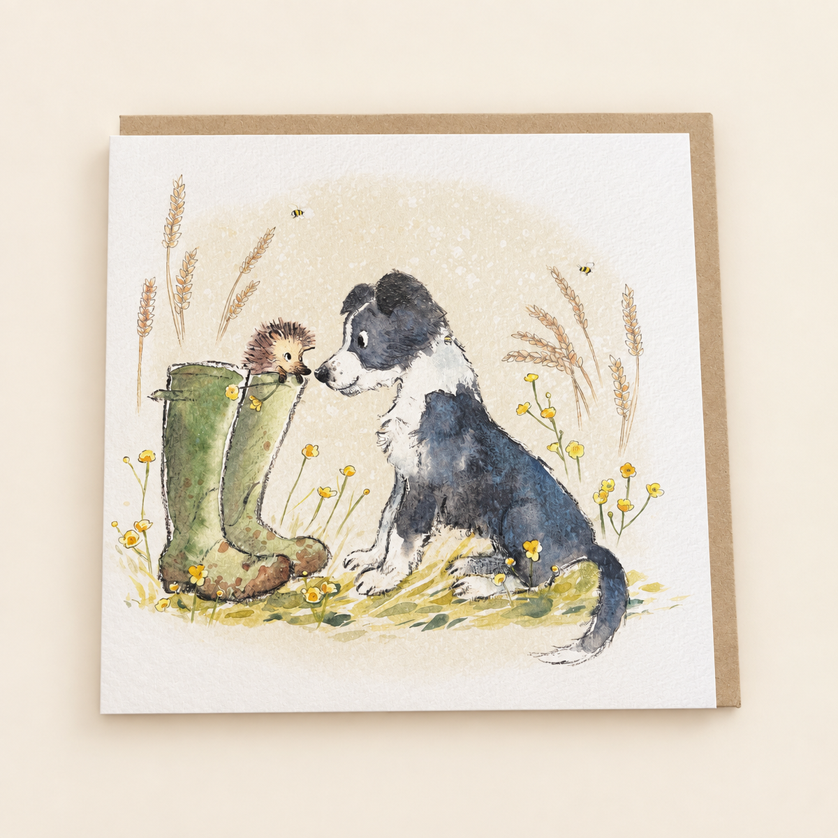 Border Collie & Hedgehog Blank Greeting Card