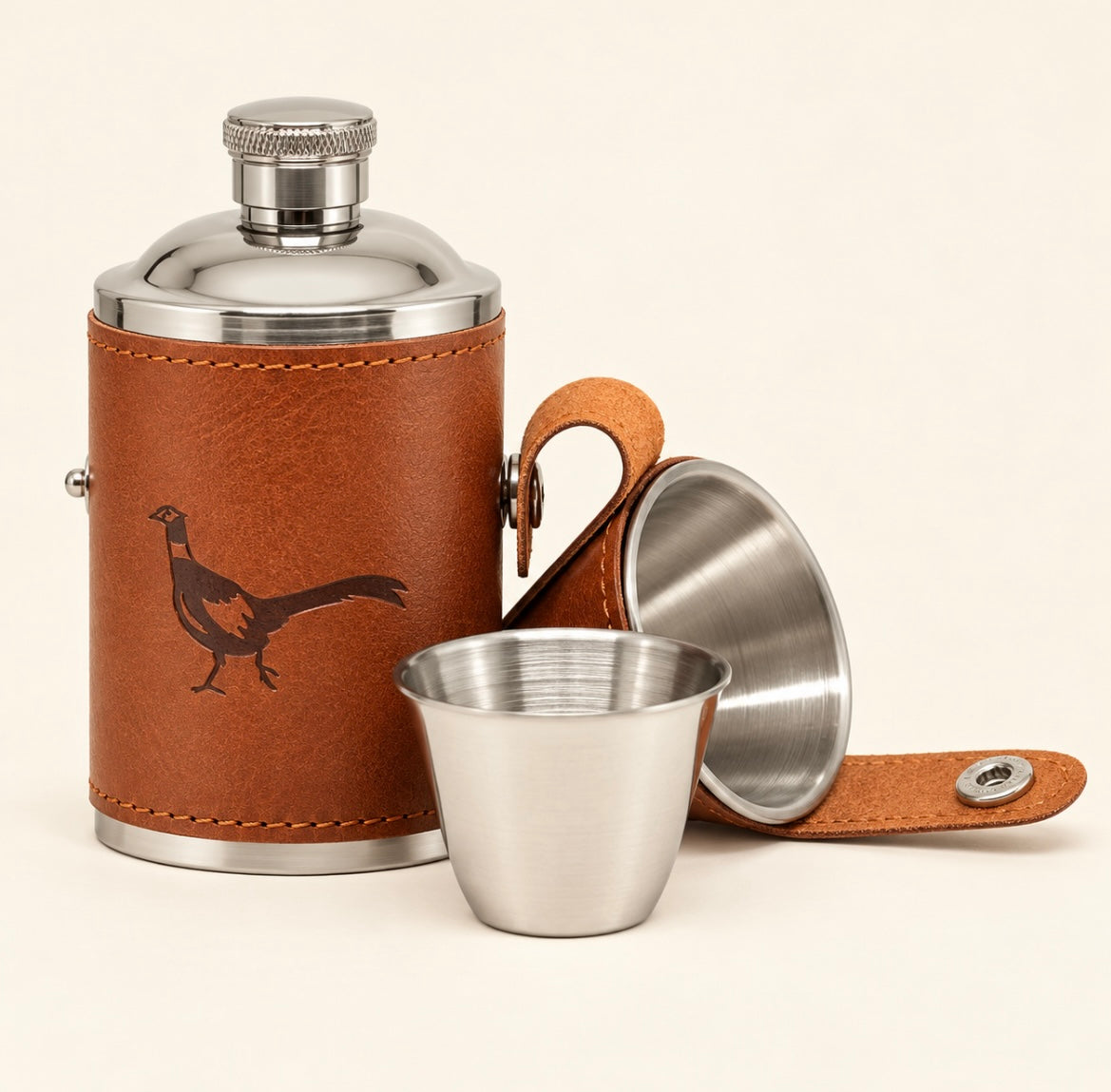 Pheasant Hip Flask Gift Set – Stainless Steel 6oz with 2 Cup