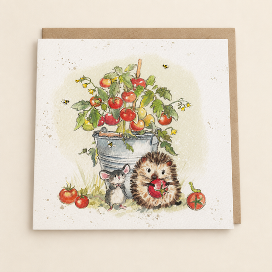 Cute Hedgehog & Mouse with Tomatoes Blank Greeting Card
