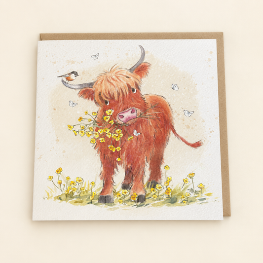 Highland Cow with Wildflowers Blank Greeting Card