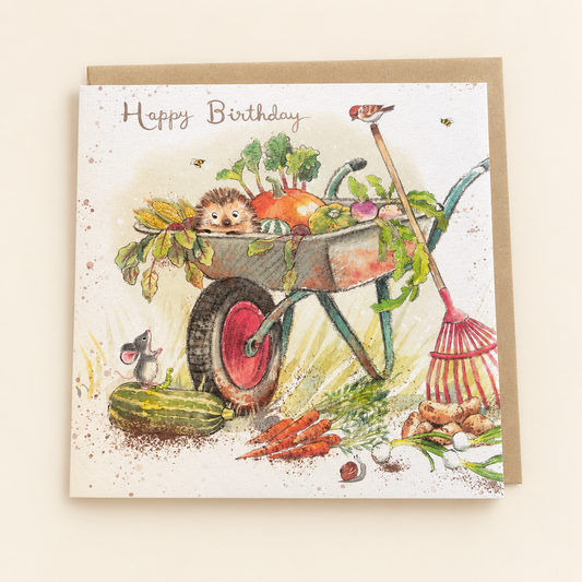 Happy Birthday Hedgehog Garden Wheelbarrow Greeting Card
