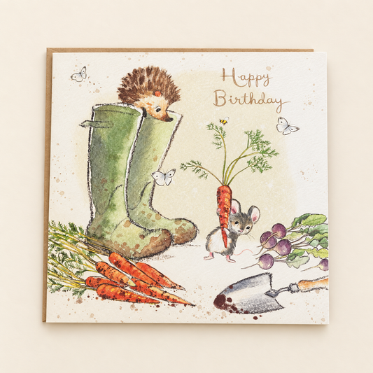 Happy Birthday Hedgehog & Mouse in Wellies Greeting Card