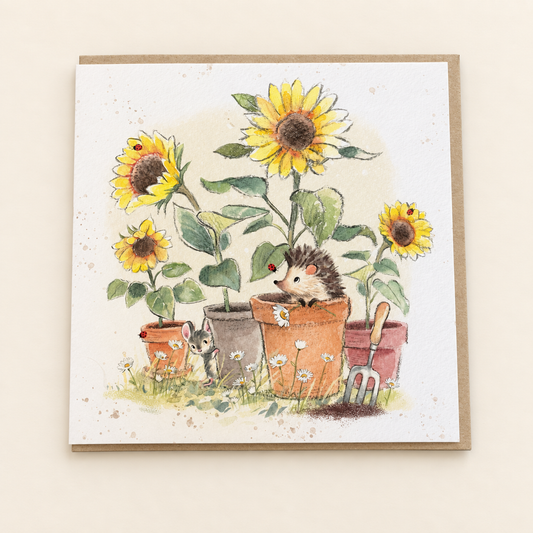 Cute Hedgehog & Mouse Among Sunflowers Blank Greeting Card